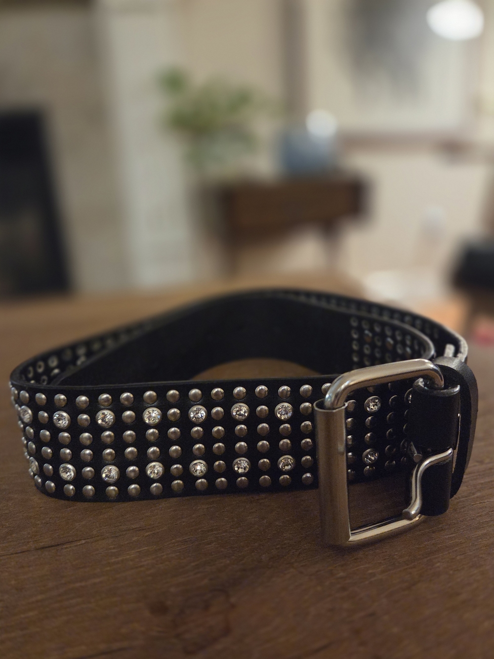 Black Leather Rhinestone Studded Belt Size 30 Y2K Western